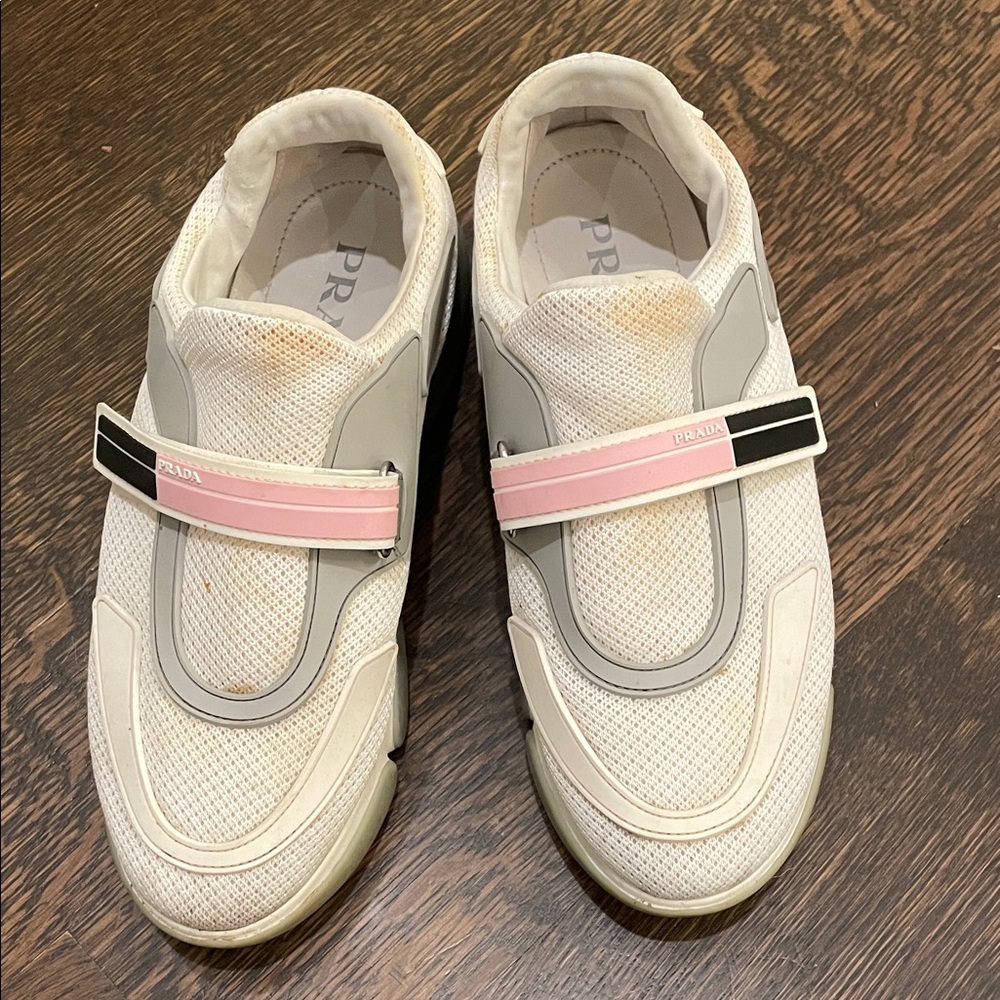 Prada Women's White and Pink Strap Sneakers